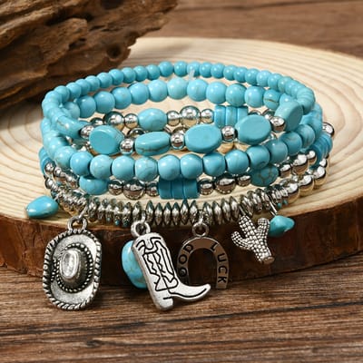 Sjika - Boho Armbandenset Dames – 4 Delige Armbanden met Turquoise Kralen & Bedels – Stretch Armband Set – Bohemian Sieraden - Voor Haar
