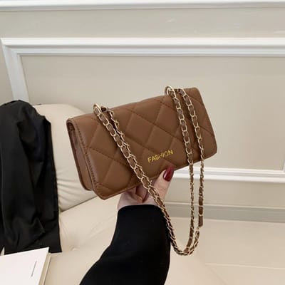 Petit Sac Chaîne Diamant Sac Texturé Tendance et à la Mode pour Femmes Ins Niche Couleur Unie Sac Bandoulière brown