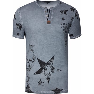 T-shirt met ronde hals en Henley-stijl, met opdrukken en knoopsluiting
