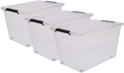 5Five opberg kist met deksel - 3x - Clip Box - 60 liter - 58 x 39 x 35 cm - kunststof - transparant - met wielen