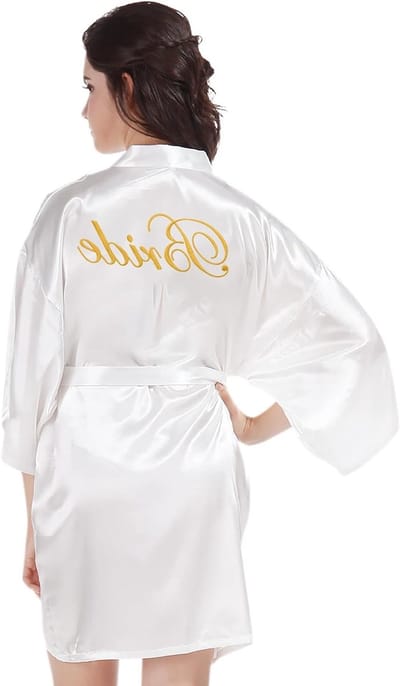 Elegante Satin Kimono met V-hals en Gouden Borduurwerk - Luxe Badjas voor Bruidsdag, Vrijgezellenfeest en Bruiloftspartij