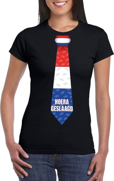 Geslaagd t-shirt zwart met stropdas dames S