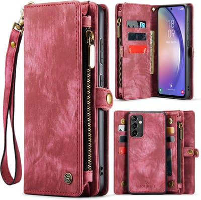 Hoesje geschikt voor Samsung Galaxy A54 Hoesje - Solidenz Wallet Case A54 - Telefoonhoesje A54 - A54 Case met Pasjeshouder - met Ritsvak - met Polskoord - Portemonee Hoes - Rood