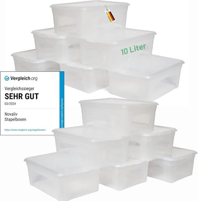 12x opbergdozen met deksel 10L transparante dozen stapelbaar nestbaar opbergdozen met clipsluiting kunststof BPA-vrij 37x26x14 cm