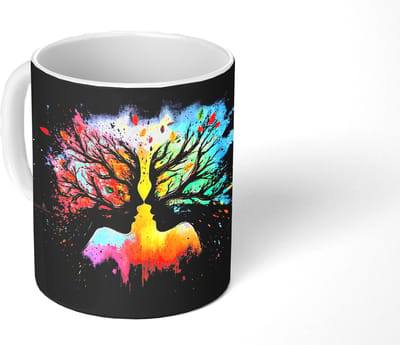 Mok - Koffiemok - Gezichten - Silhouetten - Kleurrijk - Takken - Mokken - 350 ML - Beker - Koffiemokken - Theemok