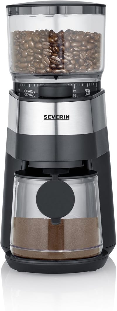 Severin KM 3880 Koffiemolen, ca. 140 W, aromatische biomassaschijfmolen, variabele hoeveelhedendosering voor 2-4-6-8-10 kopjes, maalgraad in 30 stappen, groot transparant bonenreservoir van 240 g, Poederreservoir (130 g) met aromakegel