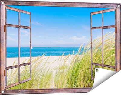 Gards Tuinposter Doorkijk Strand en Zee met een Zeilboot - 90x60 cm - Tuindoek - Tuindecoratie - Wanddecoratie buiten - Tuinschilderij