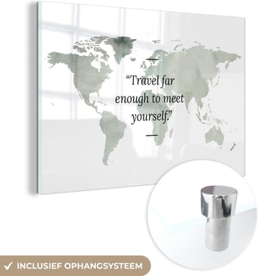 MuchoWow® Glasschilderij 60x40 cm - Schilderij acrylglas - Wereldkaart - Waterverf - Quotes - Foto op glas - Schilderijen