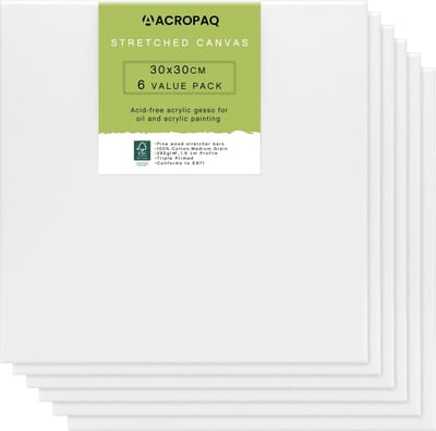 Canvas schildersdoek - 6 stuks, 30 x 30 cm, Voor olie en acrylverf en tekenen, Voor Kinderen en Volwassenen, Premium katoenen oppervlak - Wit - ACROPAQ