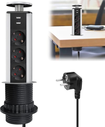 Tafelstopcontact - Inbouw stekkerdoos - Bureau organiseren - 3 stopcontacten 2 USB - 60 mm gat - Zwart