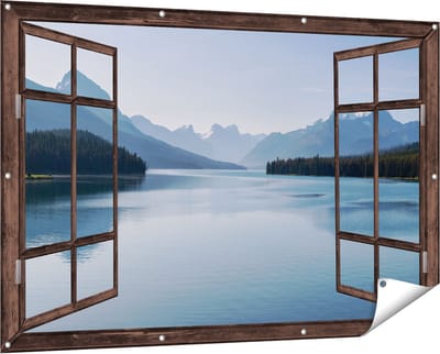 Gards Tuinposter Doorkijk Meer bij de Bergen in Alberta, Canada - 150x100 cm - Tuindoek - Tuindecoratie - Wanddecoratie buiten - Tuinschilderij