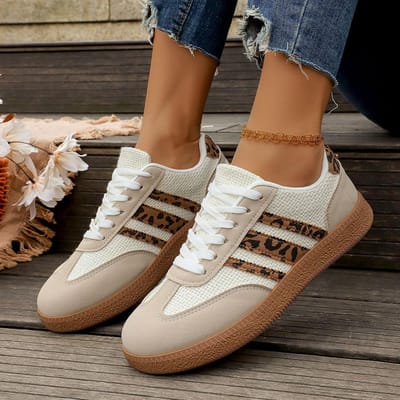 Grote Maat Sportschoenen voor Dames Luipaardprint Platte Sneakers Retro Casual Kruissluiting Ronde Neus Comfortabele Dames Schoenen 43 brown