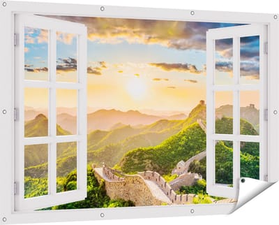 Gards Tuinposter Doorkijk De Chinese Muur door de Bergen met Zon - 150x100 cm - Tuindoek - Tuindecoratie - Wanddecoratie buiten - Tuinschilderij
