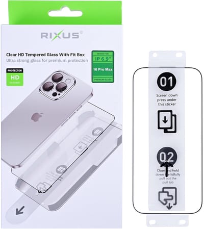 Rixus Clear HD Tempered Glass With Fit Box For Apple iPhone 16 Pro Max