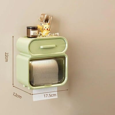Tissuebox, aan de muur bevestigde rol papierrol, papierlade, opbergruimte, badkamer dubbele laag opbergrek toiletrolhouder groen