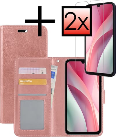Hoesje - Met 2x Screenprotector - Geschikt voor Samsung Galaxy A15 - Luxe Pasjeshouder - Bookcase Portemonee - Flip Case - Kunstleer Book Case - Flipcase Hoes - Book Cover - Walletcase - Portemonneehoes - Rosé goud