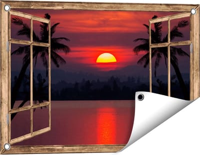 Gards Tuinposter Doorkijk Zonsondergang op het Strand met Palmbomen - 60x40 cm - Tuindoek - Tuindecoratie - Wanddecoratie buiten - Tuinschilderij
