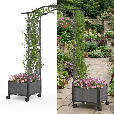 Plantenbak met klimrek - Bloembak - Weerbestendig - Met trellis - Buiten - Metaal - Plantenrek - Grijs