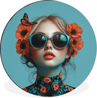 WallCircle - Wandcirkel - Muurcirkel - Vrouw - Blauw - Vlinder - Bloemen - Aesthetic - Aluminium - Dibond - 90x90 cm - Binnen en Buiten