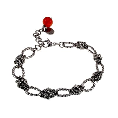 Armband Dames - Gepolijst RVS - Gedraaid Ovale Schakelsarmband met Byzantijnse Schakel en Rode Agaat – Verstelbaar 15cm tot 19cm