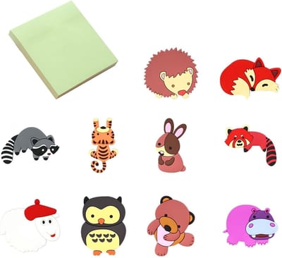 Set van 10 creatieve dieren koelkastmagneten en 1 set zelfklevende notities voor educatie en decoratie