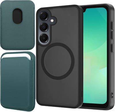 Hoesje + Pasjeshouder geschikt voor Samsung Galaxy A17 5G / A26 - Portemonnee geschikt voor MagSafe - Magnetisch - Pasjes Houder - Creditcardhouder - Turqoise