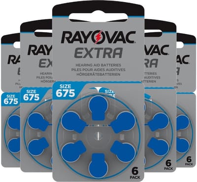 30 hoortoestelbatterijen Rayovac 675, 5 Plaquettes