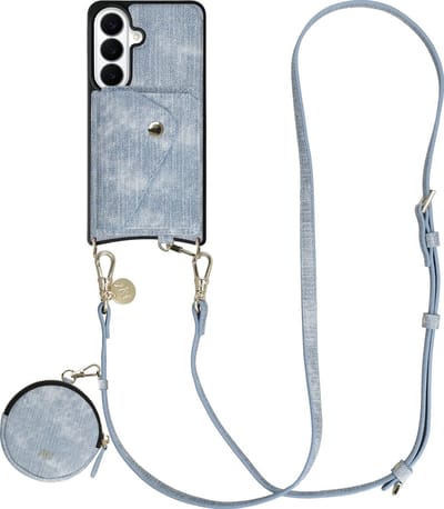 AVY Hoesje geschikt voor Samsung Galaxy S26 Plus | Met Koord, Wallet en Pouch | Compatibel met MagSafe | Kunstleren Case met 130CM Koord | Long Denim | Denim
