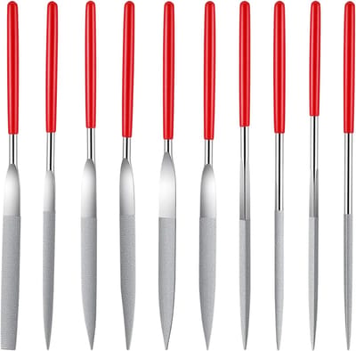 Mini Naaldvijlen Set - Kleine Diamantvijlen - Precisie Bewerking - 10 Delige Set - 0.5 x 1.8 cm - Rood Zilver