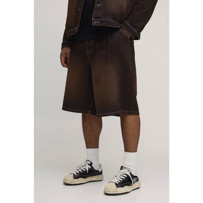 Plus Tinted Washed Pleat Front Parachute Longline Denim Jorts | Dark Chocolate | Size 56