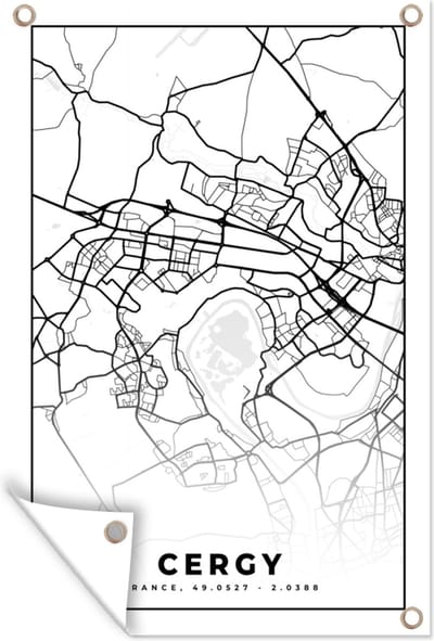 Muurdecoratie Frankrijk - Kaart - Cergy - Plattegrond - Stadskaart - Zwart wit - 120x180 cm - Tuinposter - Tuindoek