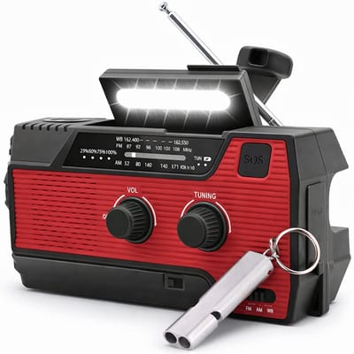 Noodradio Solar Opwindbaar en Batterij - Inclusief Noodfluitje - Noodpakket - Draagbare Survival Radio - 4000 mAh - Powerbank Zonneenergie - Bouwradio - Zaklamp – Rood
