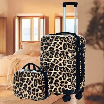 Handbagage Set Inclusief 2 Stuks 20-Inch Koffers En 14-Inch Cosmetica Tas. Harde Cabine Bagage Met Afmetingen 22x14x9 Inch, Luipaardprint Design