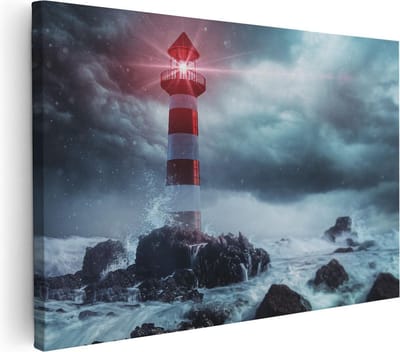 Artaza Canvas Schilderij Zeezicht - 30x20 cm - Klein - Muurdecoratie Vuurtoren - Wanddecoratie Storm - Kamer Accessoires