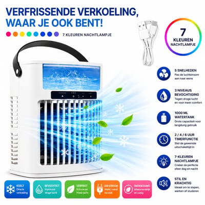 HomeGoodies - Airco - Aircooler - Mini airconditioner - Draagbaar - 7 Kleuren Nachtlamp - Voor Slaapkamer, Kantoor & Camper
