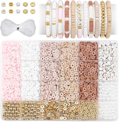 Kralen voor armbanden, 6 mm, kleurrijke kleikralen om te rijgen, voor het maken van sieraden, zelf vriendschapsarmband, roze, wit, bruin