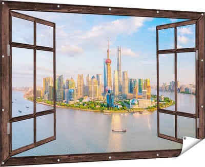 Gards Tuinposter Doorkijk Skyline Shanghai Stad in China - 180x120 cm - Tuindoek - Tuindecoratie - Wanddecoratie buiten - Tuinschilderij