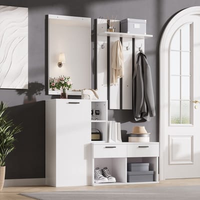 Clruro Garderobekast - 120 × 35 × 175.5 cm - met Spiegel - met Zitbank - met Laden - MDF - Wit