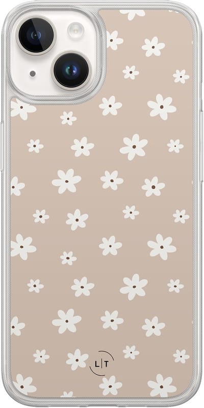 Hoesje geschikt voor iPhone 14 - Cute flowers - 2in1 backcover - Bloemen - Beige - Leuke Telefoonhoesjes