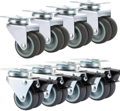 Set van 8 Zware Meubelwielen van 50 mm met Remmen tot 220 kg, Draaiwielen voor Binnen en Buiten, Dubbele Wielen voor Meubels en Transport