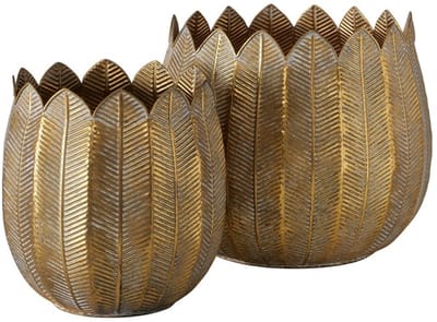 Boltze - Plantenpot - Bloempot - Set van 2 – Antiek Goud – Metaal – Bladstructuur – Ø16x17 cm & Ø19x21 cm