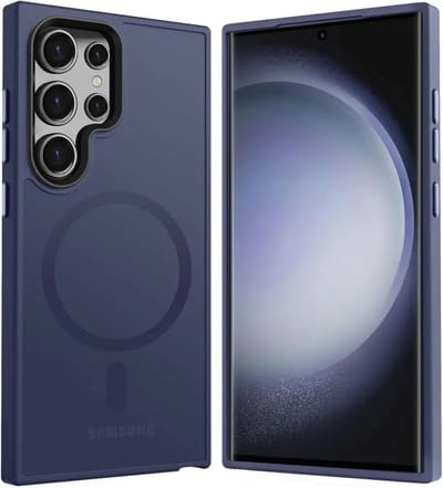 Hoesje Geschikt voor Samsung Galaxy S24 Ultra - Compatibel met MagSafe - Matte Beschermhoes - Back Cover met Magneet - Geschikt voor Draadloos Opladen met Magnetische Ring - Donker Blauw