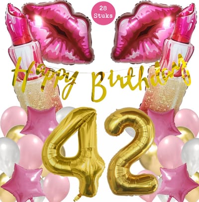 Snoes Mega Beauty Helium Ballonnen Set 42 Jaar - Roze Helium Folieballonnen - Slinger Happy Birthday Goud