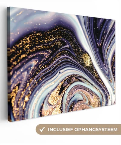 Canvas schilderij 80x60 cm - Wanddecoratie Marmer - Paars - Luxe - Marmerlook - Glitter - Muurdecoratie woonkamer - Slaapkamer decoratie - Kamer accessoires - Schilderijen op canvas