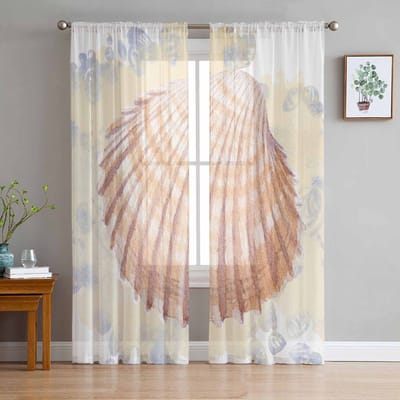 Retro Aquarel Schelpen Tule Raamgordijnen voor Slaapkamer Luxe Huisdecoratie Draperieën in Woonkamer Chiffon Panelen 135W x 114H(cm)
