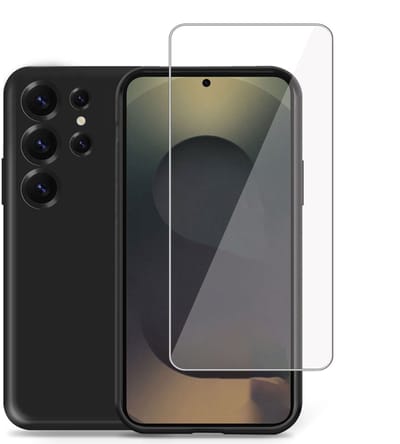 Technow hoesje + Screenprotector geschikt voor Samsung S25 Ultra – Tempered Glass - Liquid Back Case Cover Zwart