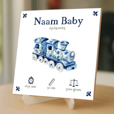 Gepersonaliseerde Baby Tegeltje – Met Naam, Geboortedatum, Gewicht, Lengte en Tijd – Blauw Treintje