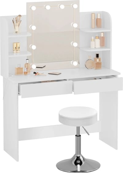 DHN Kaptafel set Met Led Verlichting - en Kruk in hoogte verstelbaar - Moderne Make - up tafel met Spiegel - Chique Kaptafel met verlichting -
