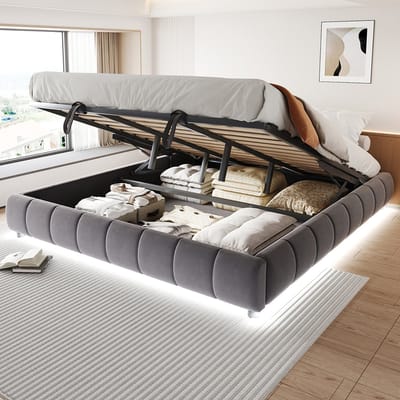 Komhtom Gestoffeerd bed 180 x 200 cm, zonder hoofdeinde, met led-lichtstrip (eenkleurig), hydraulisch zwevend bedframe met opbergruimte, eenpersoonsbed, tienerbed, grijs