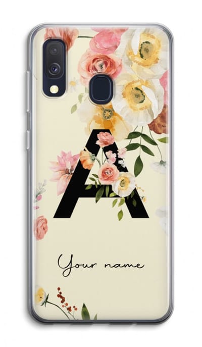 Gepersonaliseerd - Case Company® - Hoesje geschikt voor Samsung Galaxy A40 hoesje - Flirty Flowers Monogram - Soft Cover Telefoonhoesje - Bescherming aan alle Kanten en Schermrand